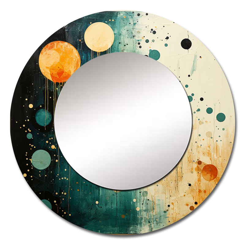 Teal Orange Mid Century Minimalist Oasis I - Abstract Collages Large Round Mirror, 36" x 36"