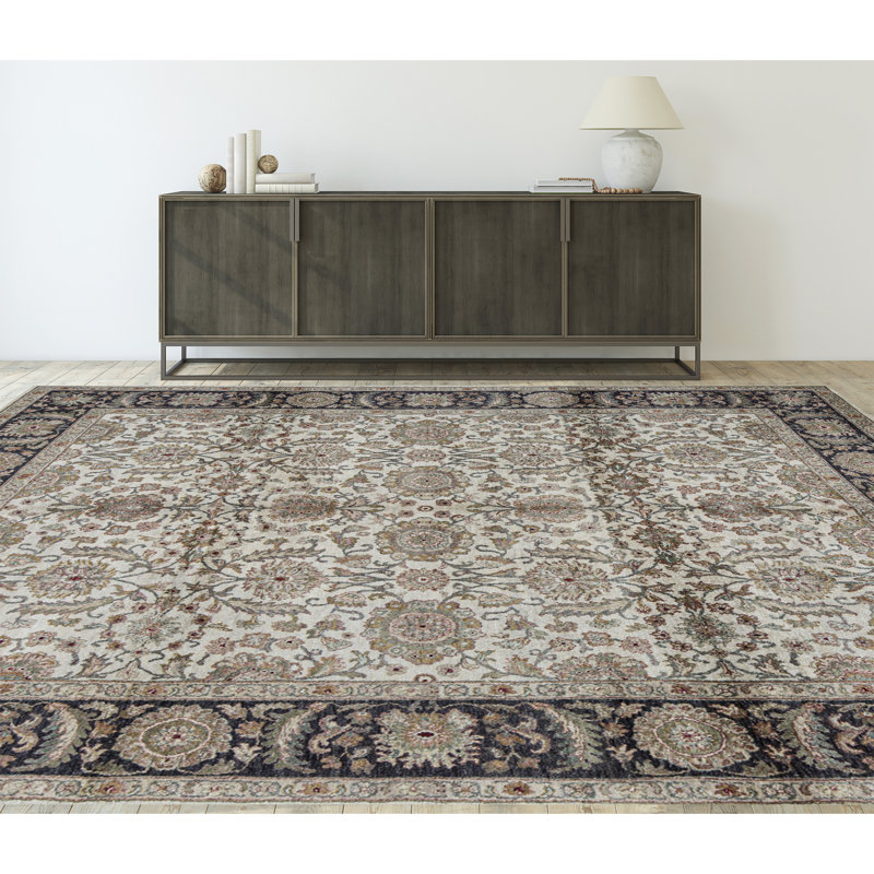 Tapis crème et noir noué à la main de haute qualité