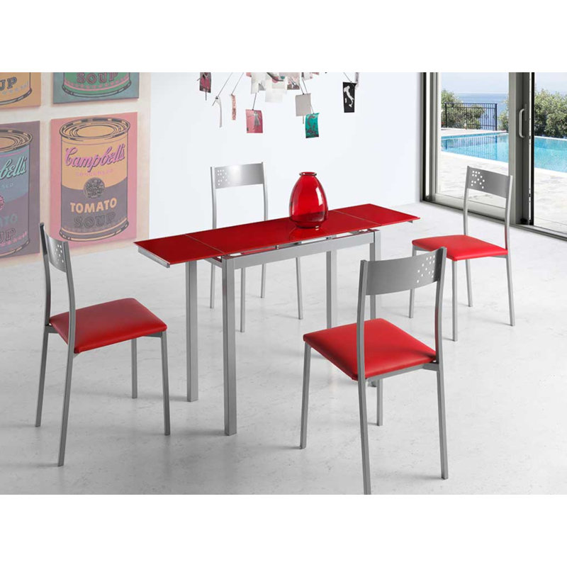 Grafals Extendable Glass Top Metal Base Dining Table, Red