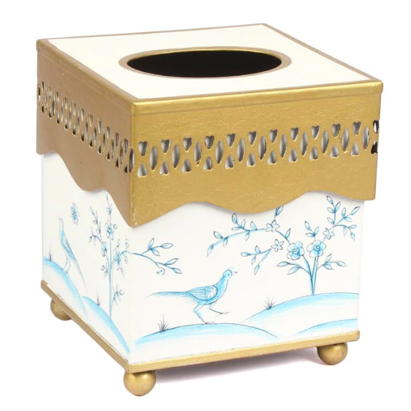 Bohan Gold Tissue Box Cover, Ivory/Blue