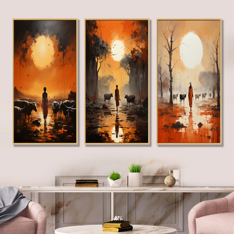 Ensemble de 3 reproductions de toiles tribales d'Afrique Dinka, Cadre flottant brun, H 32 po x l 48 po