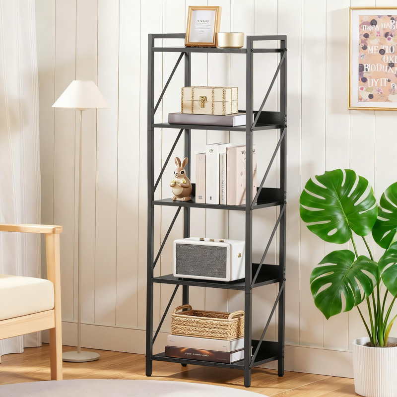 5-Tier Industrial Bookshelf With Metal Frame, Tall Bookcase Storage Organizer For Living Room, Home Office, Bedroom, And Kitchen