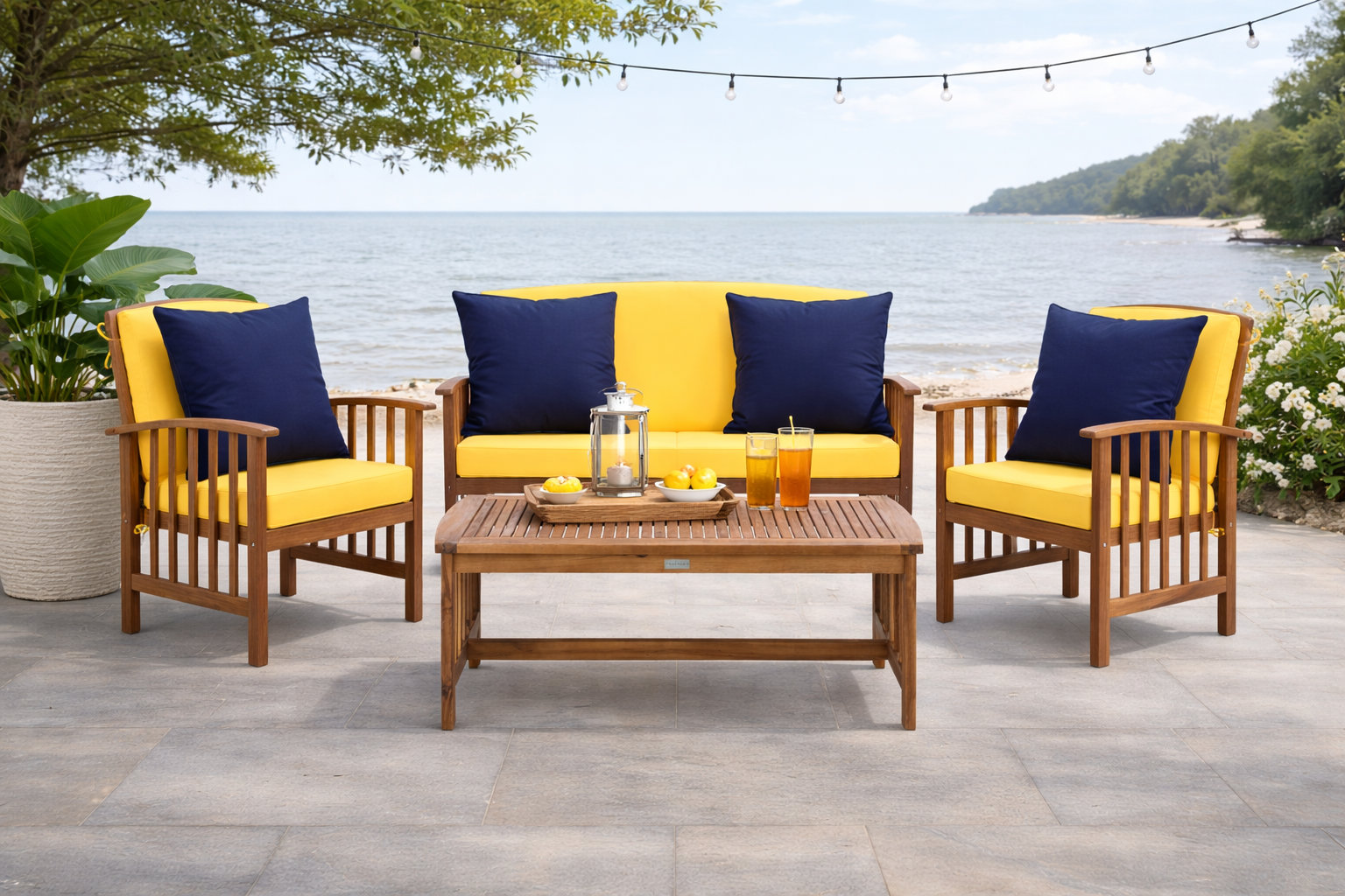 Delosreyes 4 Piece Sofa Seating Group with Cushions , Navy Toss Pillow Color/Yellow Cushion