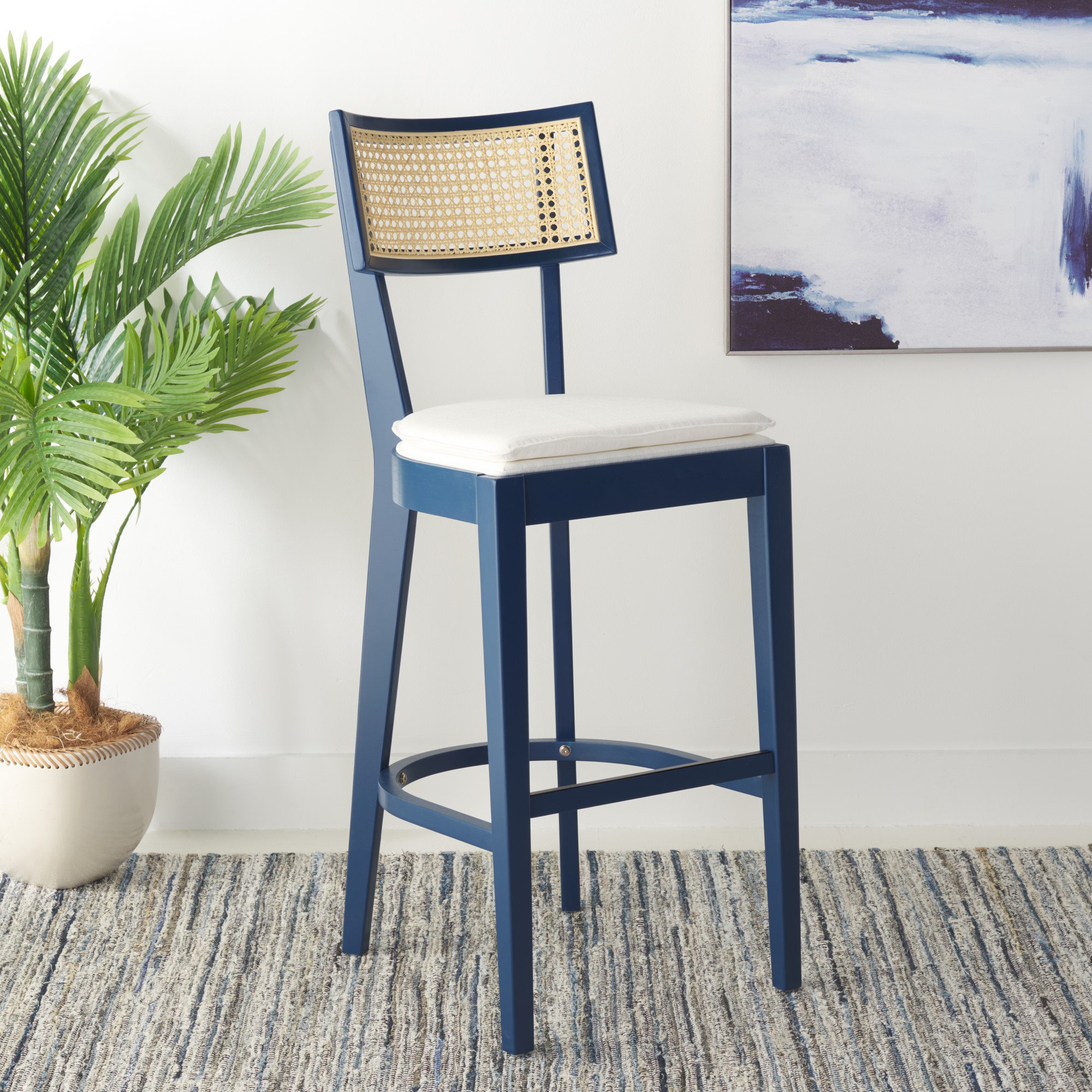 Tarrington Cane Stool, Bar Stool (30.5" Seat Height), Natural/Navy