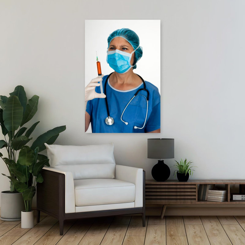Infirmière d'hôpital avec seringue, masque et stéthoscope, art mural moderne, architecture, H 36 po x l 24 po