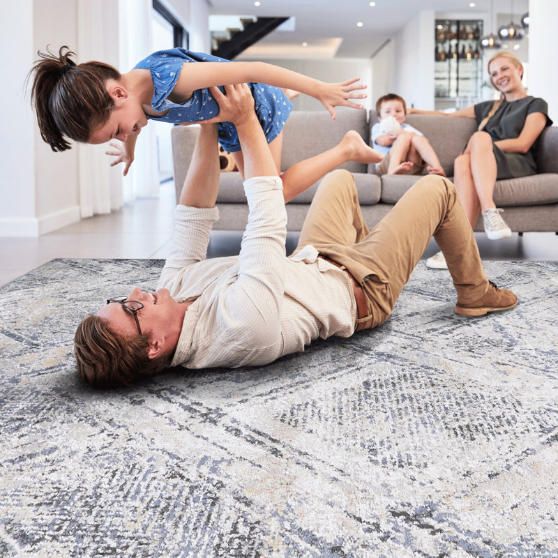 Tapis géométrique tissé et tissé 5 x 7 bleu / gris, sans perte de teinture, pour le bureau à domicile