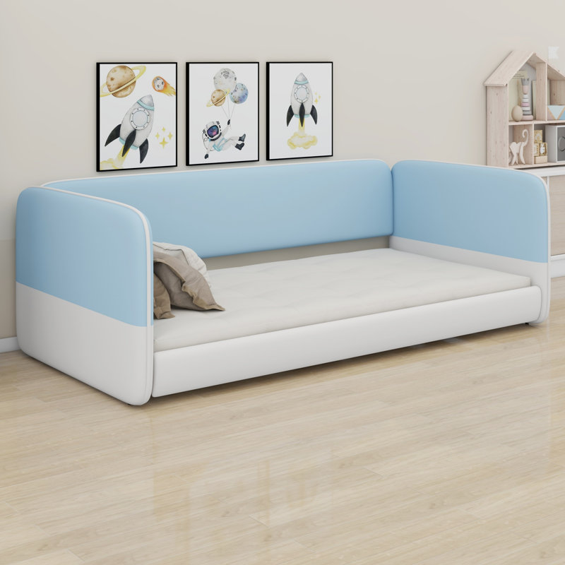 Sturdy Floor Bed with Integrated Upholstered Headboard & Arms, Blue