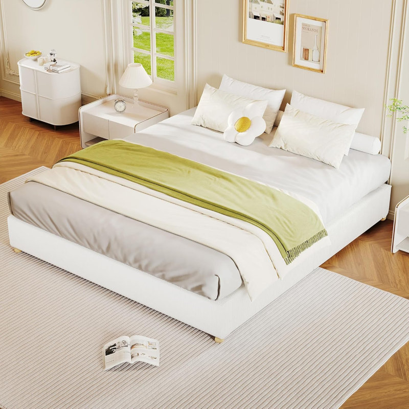 Cloud Bed Frame, Upholstered Platform Bed with Wood Legs, White, Queen