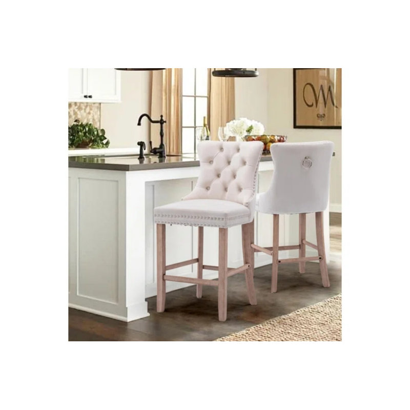 Upholstered Counter Stool with Solid Wood Frame, Beige, Beige