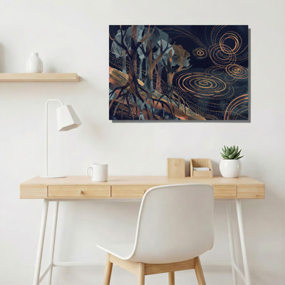 Abstract Tree Roots With Gold Swirls And Blue Background Canvas Wall Art