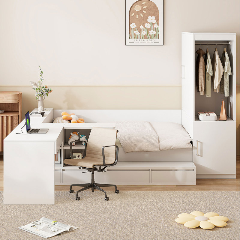 Lit plateforme en bois avec 6 tiroirs, tablettes, bureau et garde-robe, Blanc