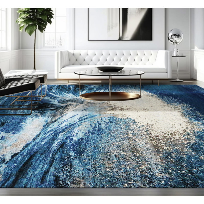 Hand Knotted Abstract Area Rug in Blue/Beige, Rectangle 9' x 12'