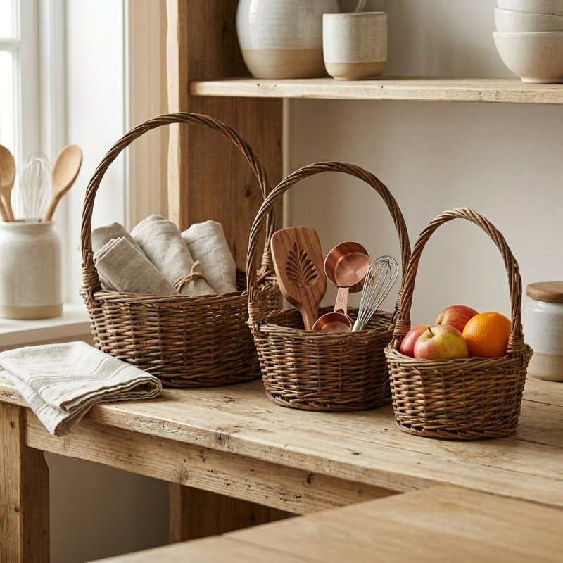 Kirkel Set of 3 Round Willow Baskets, Nesting Storage with Handles, Dark Brown