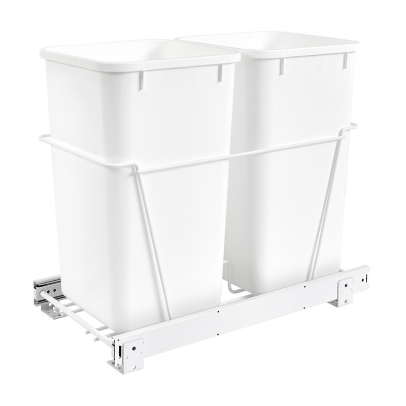Rev-A-Shelf White Steel Pullout Trash Can with Double Waste Containers for Kitchen Base Cabinets