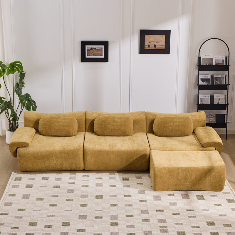 Canapé rembourré avec 3 coussins et repose-pieds, Jaune