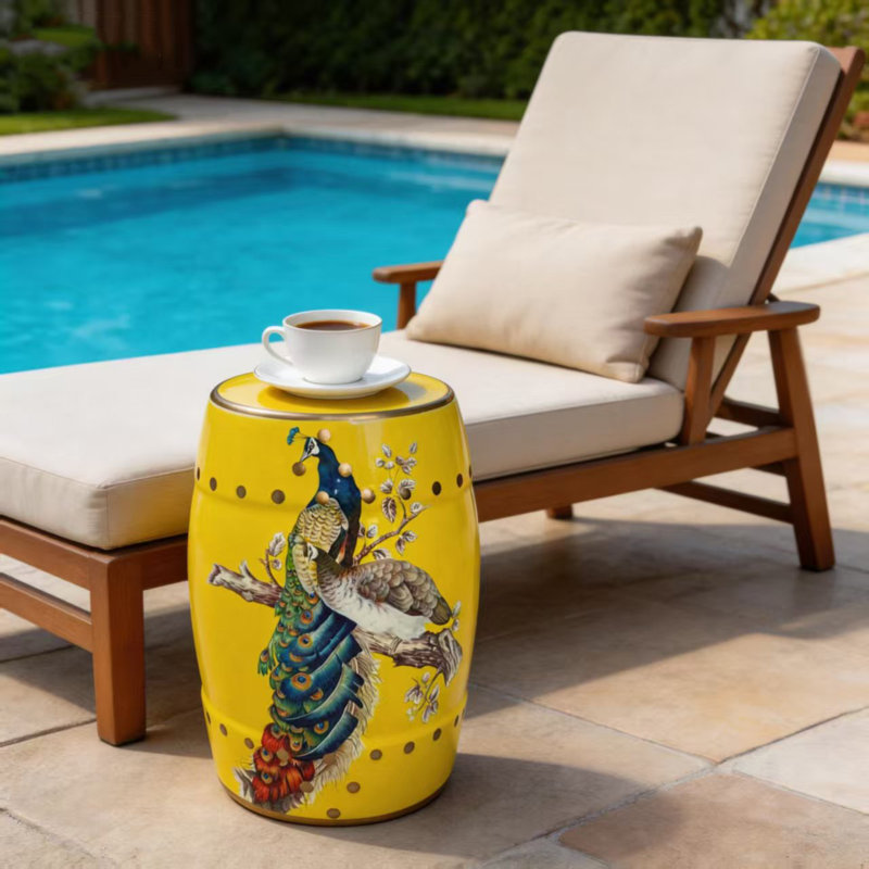 Tabouret en céramique fleur et oiseau, Jaune