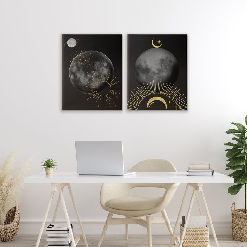 Ensemble de 2 toiles célestes or soleil et lune, design par Daniela Santiago, H 20 po x l 32 po