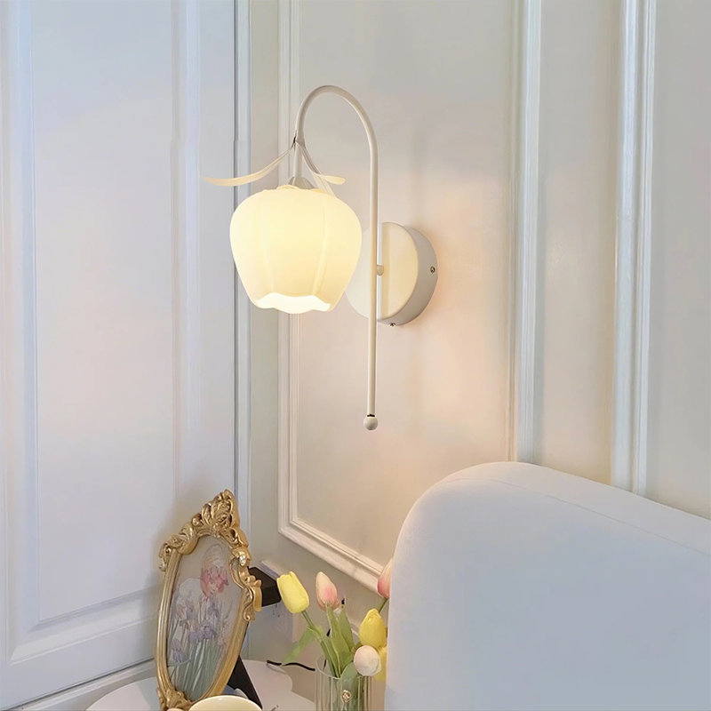 Flower Glass Shade Wall Light Wrought Iron Wallchiere, White