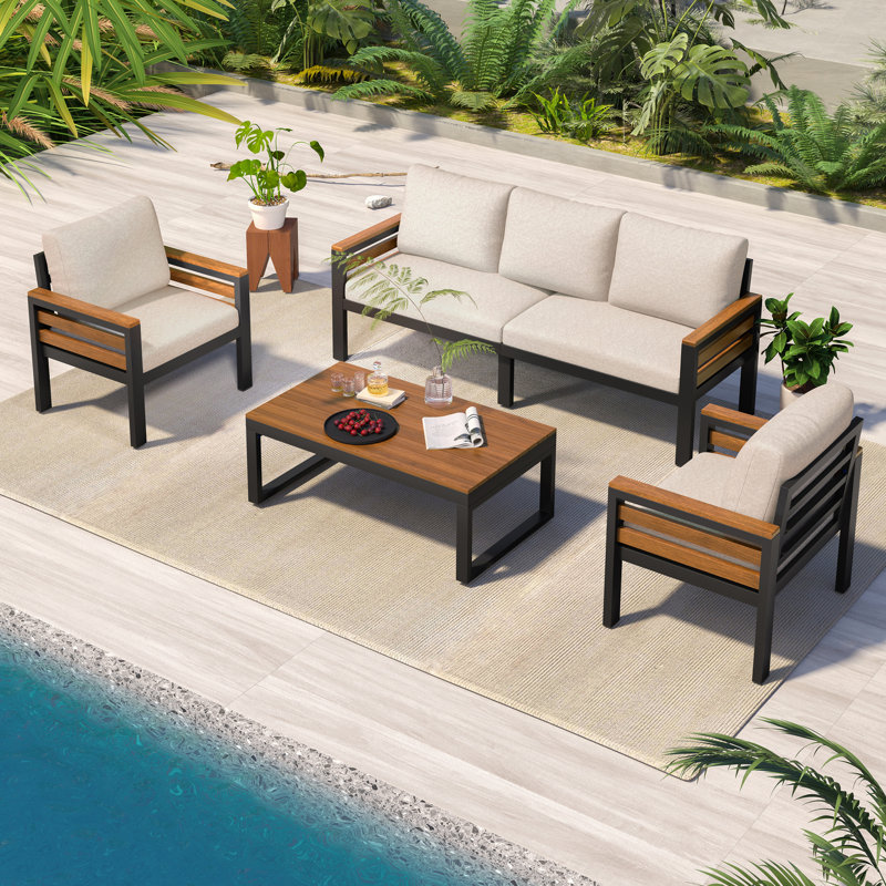 Table basse de jardin beige avec coussin amovible, plateau en bois et structure en métal, pour 5 personnes. Épaisseur : 15 cm. Couleur : beige.