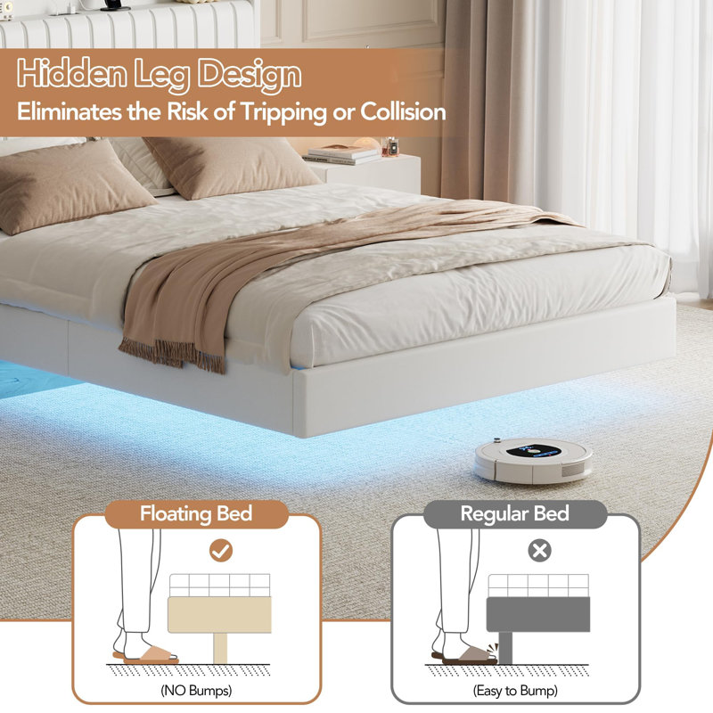 Lit flottant de 50 po de hauteur avec lumières DEL et station de charge, cadre de lit en cuir synthétique avec tête de lit