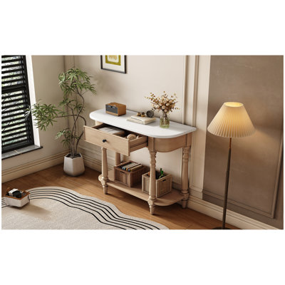 Console étroite Trexm avec coin incurvé, table de hall d'entrée rétro avec tiroir supérieur et tablette ouverte, tables de console de canapé pour le hall d'entrée, le couloir et le salon (beige et blanc)