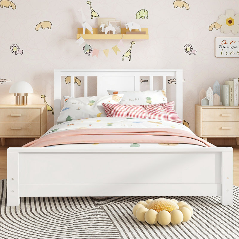 Twin Solid Wood Platform Bed Frame with Headboard – Low Profile Floor Bed with Support Slats, White, White
