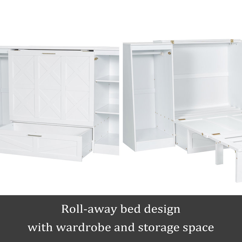 Lit escamotable simple avec tablettes de chevet et garde-robe, blanc