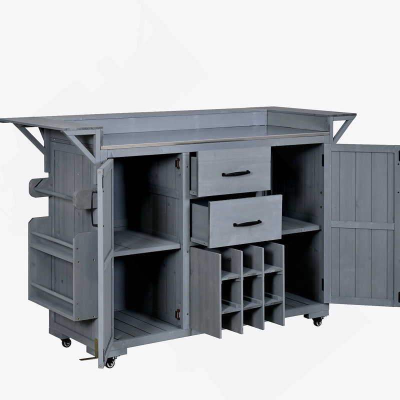 Durable Modern Outdoor Kitchen Island With Stainless Steel Top, Spacious Storage, And Wheels For Easy Mobility, Gray, Gray