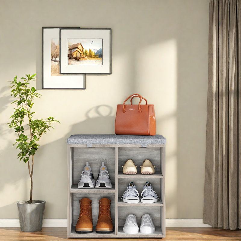 Banc d'entrée pour chaussures avec rangement et siège rembourré, Gris