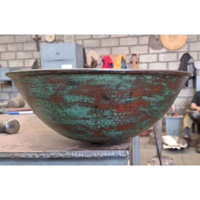 14" Round Copper Vessel Bathroom Sink with Green Patina Exterior