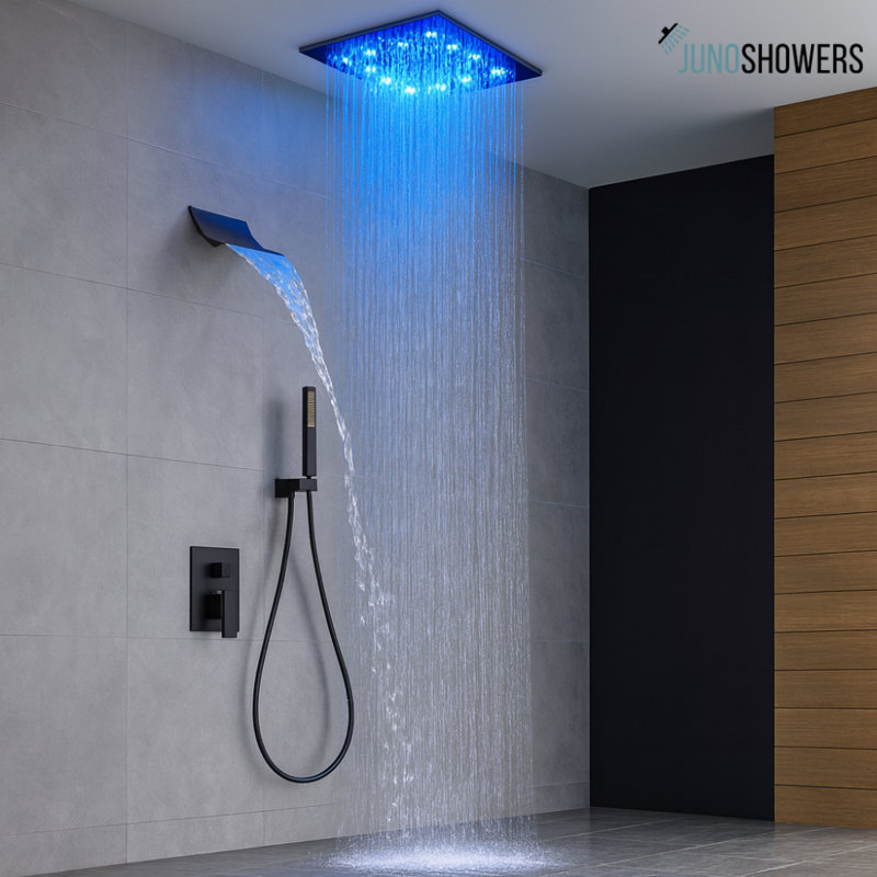 Système de douche chromé de 18 pouces avec valve thermostatique et douchette, fixation murale