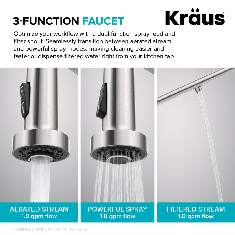 Robinet de cuisine KRAUS 2-en-1 à filtre à eau rétractable à poignée simple de style commercial pour osmose inverse ou système de filtration d'eau KRAUS