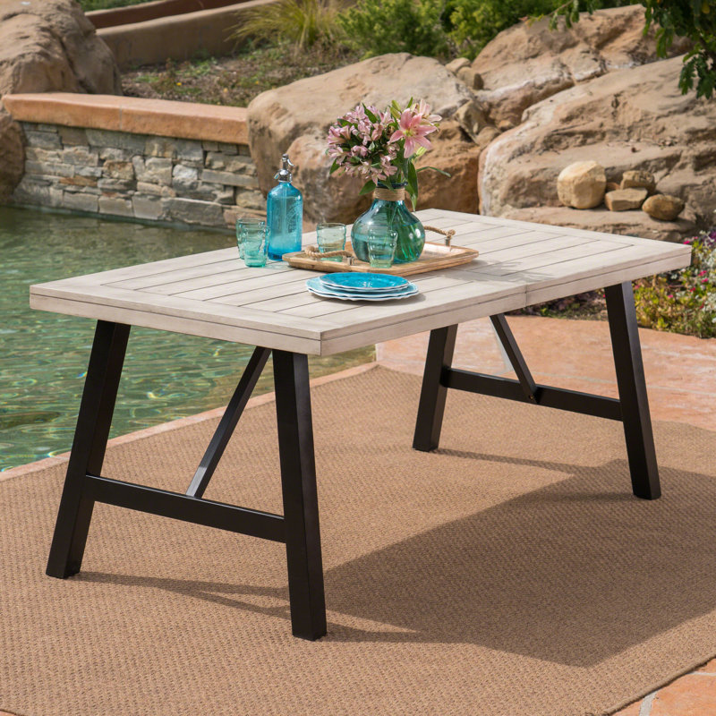 Table de salle à manger d'extérieur Roomfitter, table de patio rectangulaire moderne avec plateau en bois et structure en métal, gris