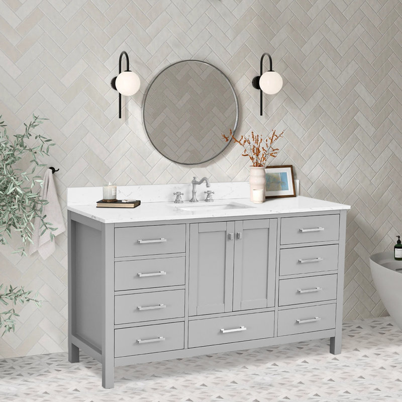 Meuble-lavabo avec lavabo simple 60 po Cholena, Gris, Nickel brossé