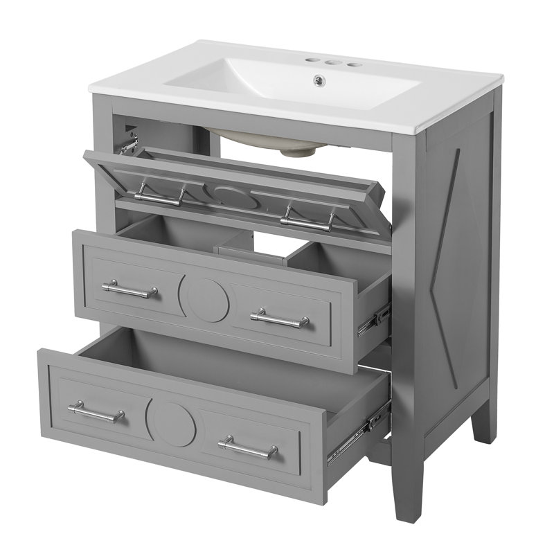Meuble-lavabo de 30 po, lavabo en céramique, structure en bois massif, 3 tiroirs, apparence classique, meuble-lavabo rétro gris avec solution de rangement polyvalente de haute qualité