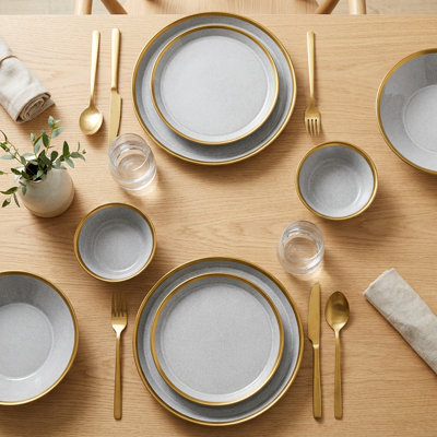 Service de table en porcelaine grise et dorée Celestial (service de 8 pièces pour 2 personnes)