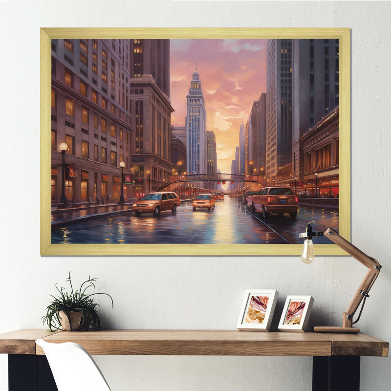Chicago City Scene V, reproduction d'art sur toile, H 12 po x l 20 po x P 1 po, Encadrement doré