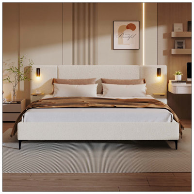 Lit tapissier chic en lin avec lumières et tablettes intégrées pour la chambre à coucher