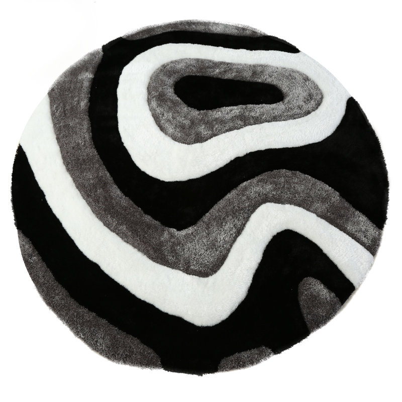 Thionville Shag Black/Grey Shag Area Rug, Round 7'