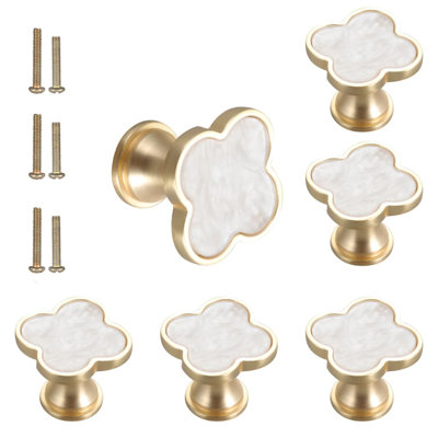 6 pièces Poignée trèfle à quatre feuilles en laiton, boutons d'armoire dorés Commode de tiroir de meuble Armoire de cuisine Poignées de porte décoratives en alliage de zinc (blanc)