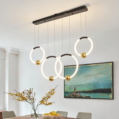 Modern 4-Ring LED Chandelier, Black & Gold Bronze Pendant Light with 3 Color Temperatures