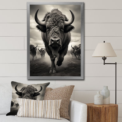 «Gray Buffalo Grazing Giants», reproduction d'art sur toile