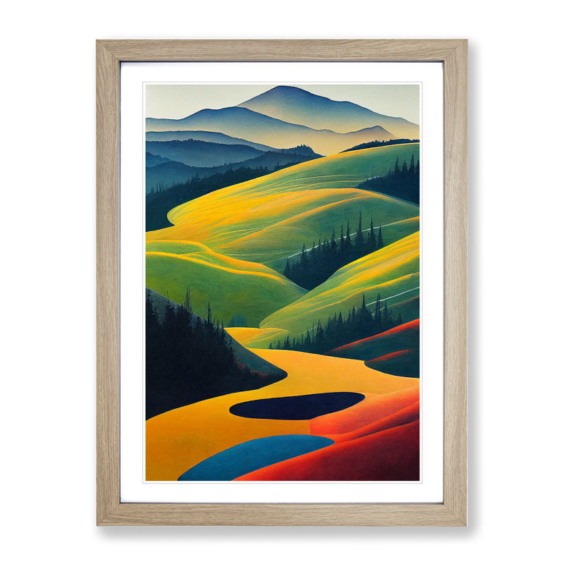 Pretty Meadow Landscape - Single Picture Frame Print, 34cm H x 25cm W x 2cm D, Oak Framed