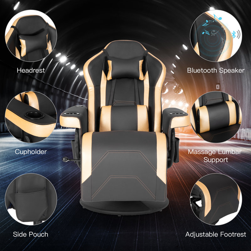 Inbox Zero Adjustable Reclining Ergonomic Swiveling PC & Racing Game Chair with Built-in Speakers and Footrest, Gold