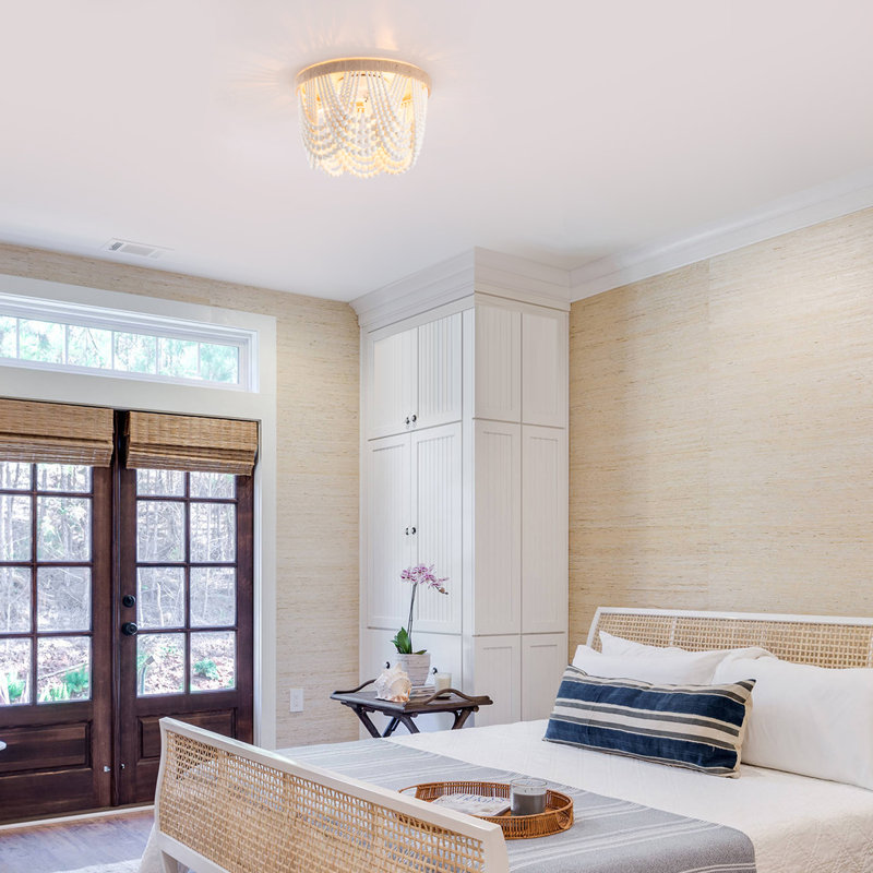 3 - Light 12.6" Unique/Statement Flush Mount Bohemia Wood Beaded Ceiling Light