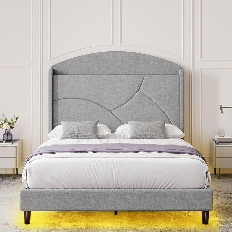 Queen Size Bed Frame With Type-C & USB Ports, Upholstere...