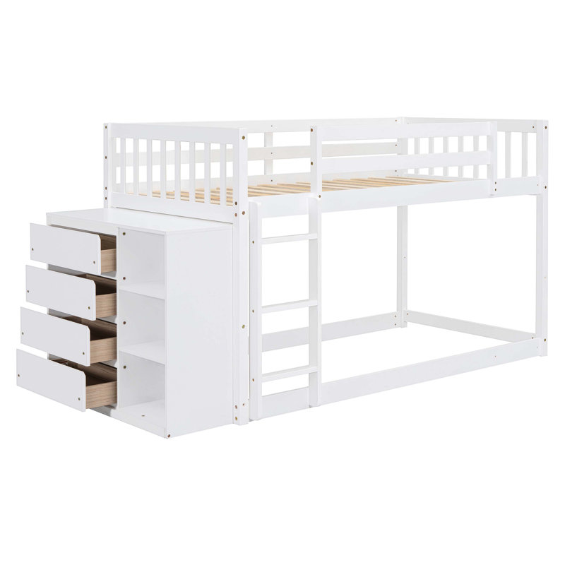 Lit simple superposé simple avec 4 tiroirs et 3 tablettes - blanc