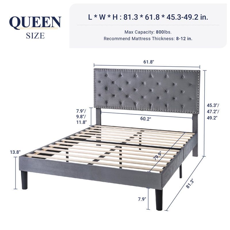 Basnett Upholstered Platform Bed, Gray, Queen