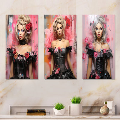 Black And Pink Sensual Fashion Doll I - Woman Pop Art Metal Prints Set Of 3