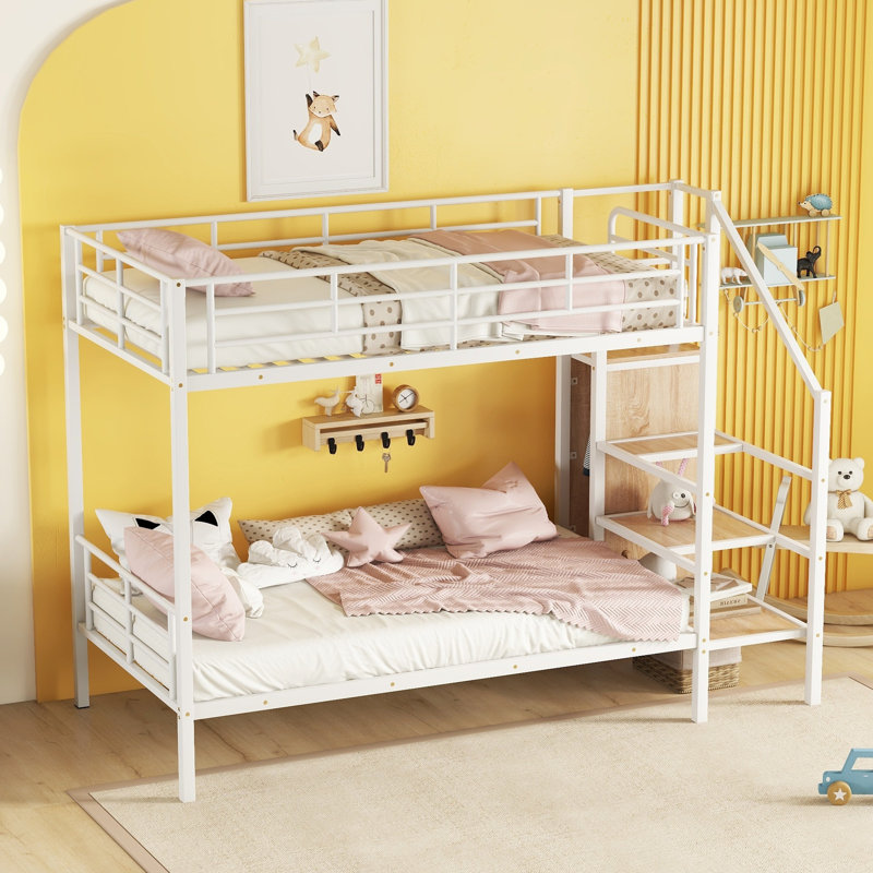Caitlynn Metal Bunk Bed with Storage Stairs, Twin Over Twin, White